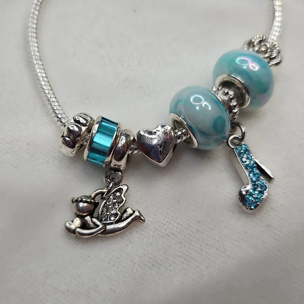 Ladies Charm Bracelet Blue Beaded Heart Angel Shoe Charm Bracelet Silver Tone